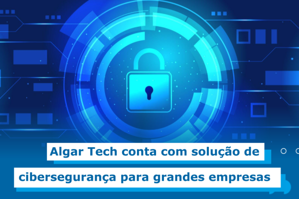 Na imagem vemos um cadeado fechado no centro com 3 círculos ao redor aumentando de tamanho. Na parte próxima ao cadeado, a imagem é azul claro, mesclado com azul escuro que permeia por todo o restante da imagem. No centro na parte inferior tem o texto: "Algar Tech conta com solução de cibersegurança para grandes empresas."